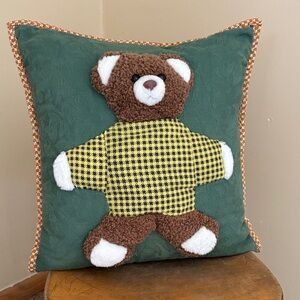 Cracker Barrel Plush Bear Accent Pillow in Green with Yellow Houndstooth Sweater